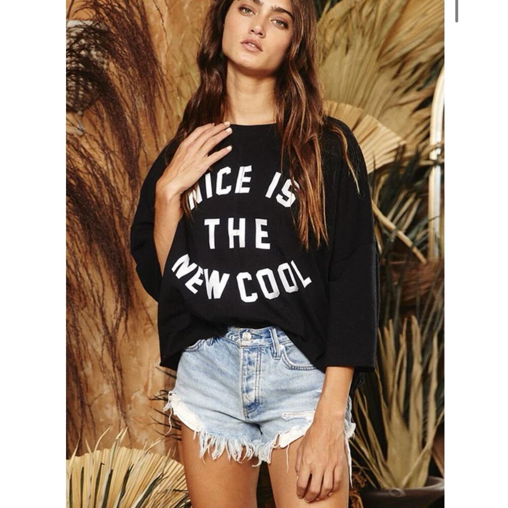 Bucket List Cropped Black Nice Is The New Cool Top Sz L Boxy Oversized Relaxed - Picture 7 of 10